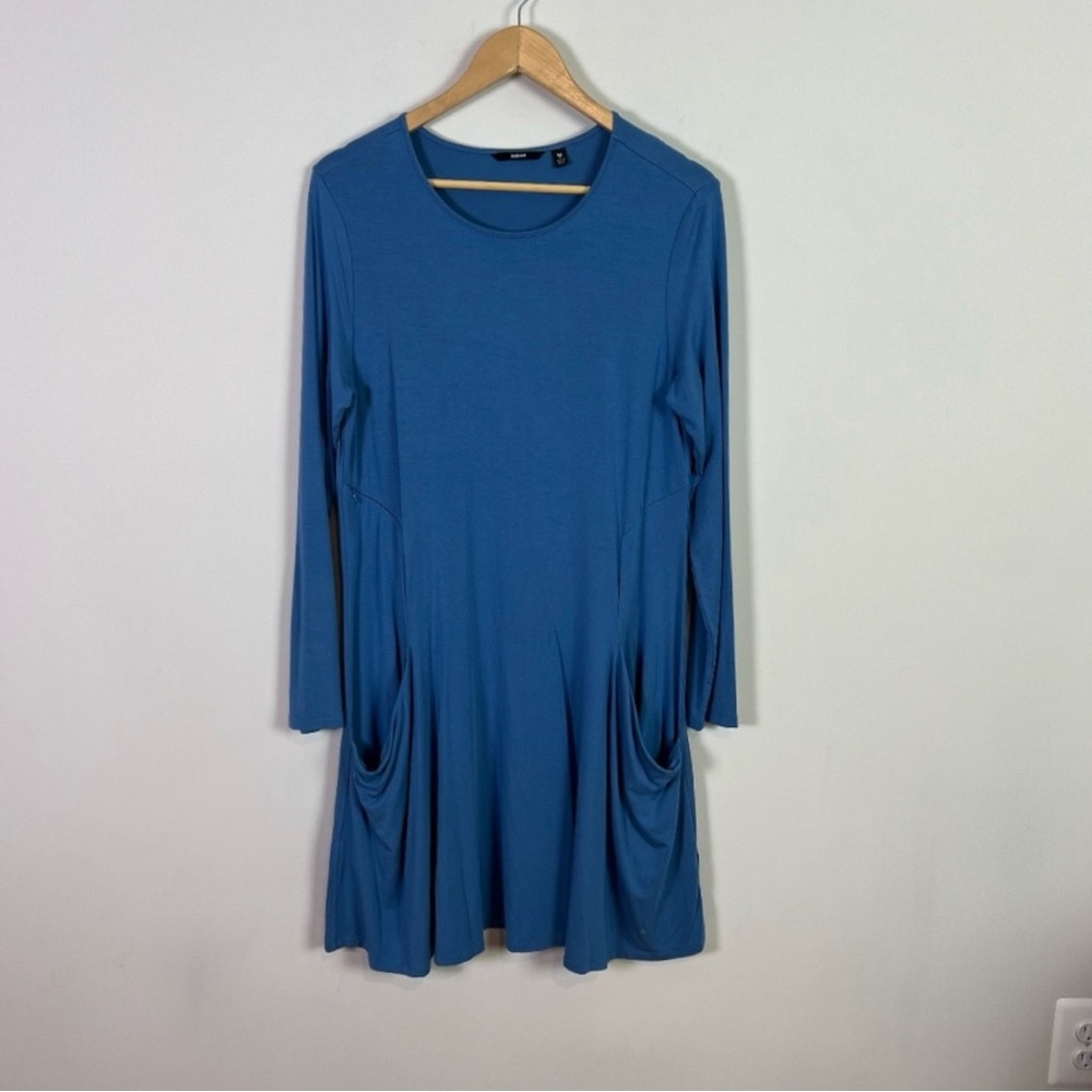 Betabrand Women’s Blue Long Sleeve Silk Blend Swing Midi Dress Medium Comfy